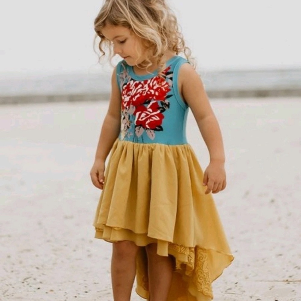 NWT Boutique Oopsie Daisy Vibrant Boho Girls Floral Dress w/ Lace Layered Skirt